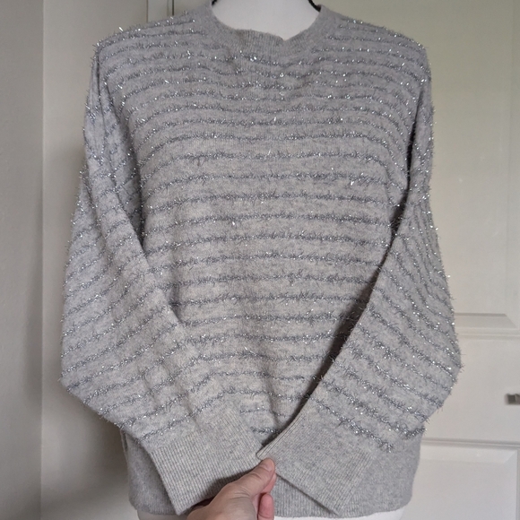 Nordstrom Metallic Stripe sweater, drop shoulder, grey & silver, Women's M - Picture 6 of 16
